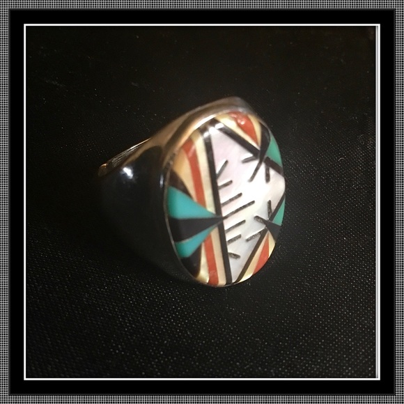 VINTAGE 70’s ZUNI CORAL TURQUOISE  ONYX PEARL RING - LARGE Sz 10.75 - Picture 2 of 7